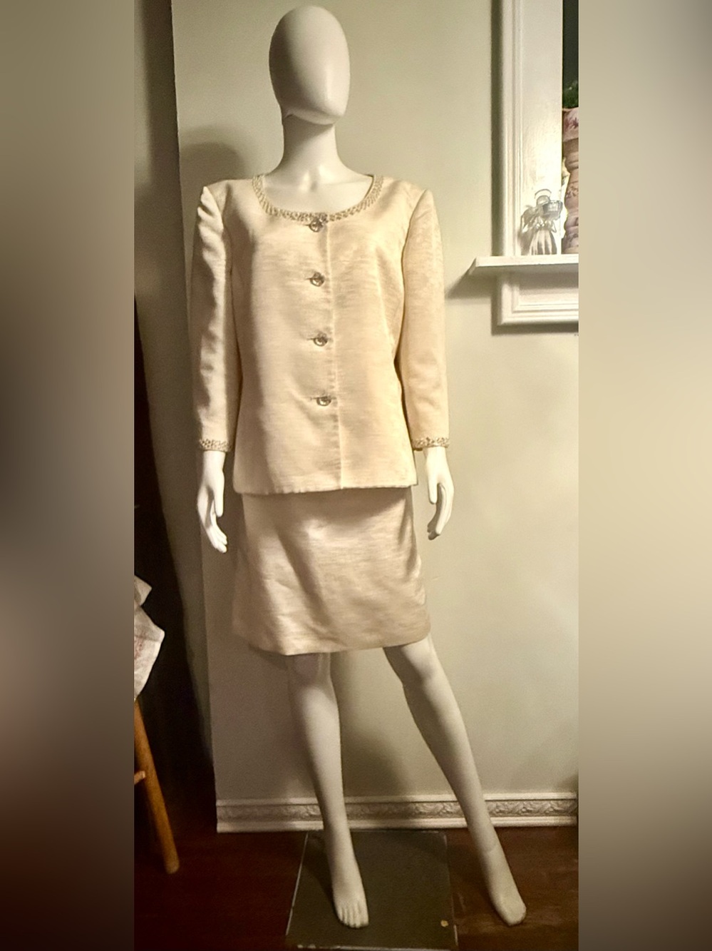 Kasper Cream Jewel-Trim Skirt Suit